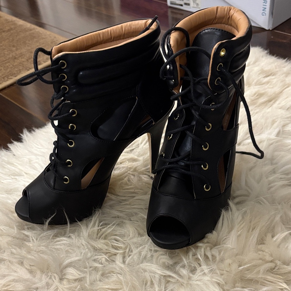 Call It Spring Black Peep-Toe Lace-Up Heels